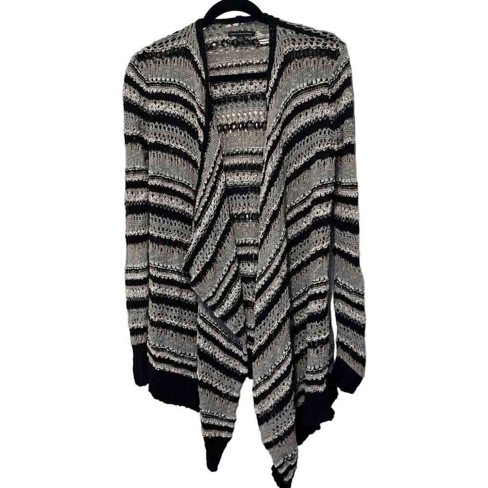 American Eagle Cardigan Sweater Women's S Crochet Open Front Black White Stripes